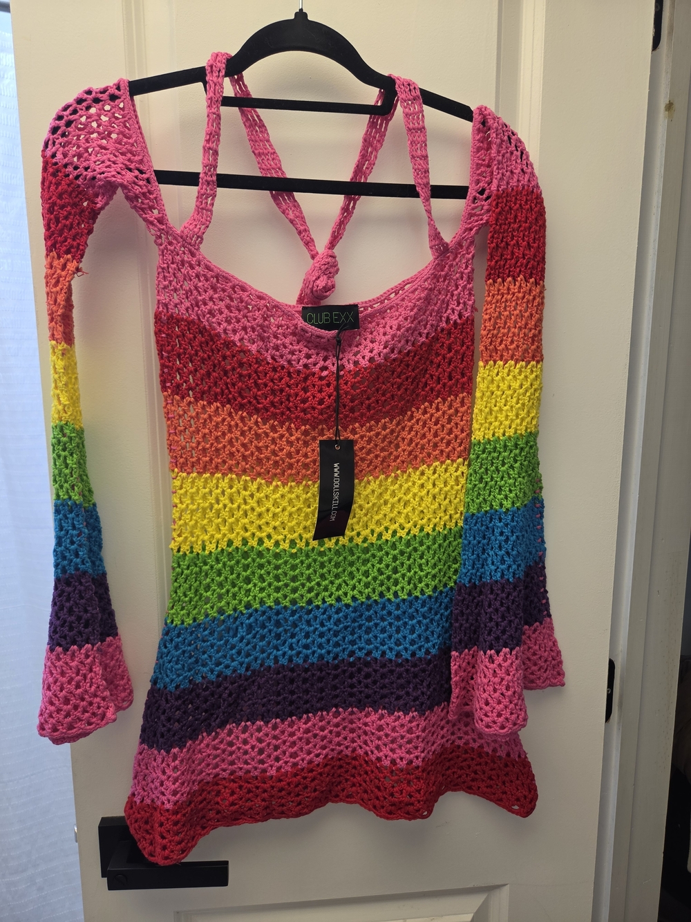 NWT Dolls Kill Pink Multicolor Crochet Mini Dress Pride Size S